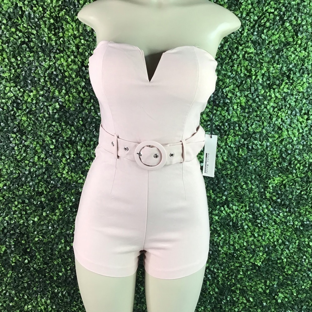 Strapless nude blush romper with belt